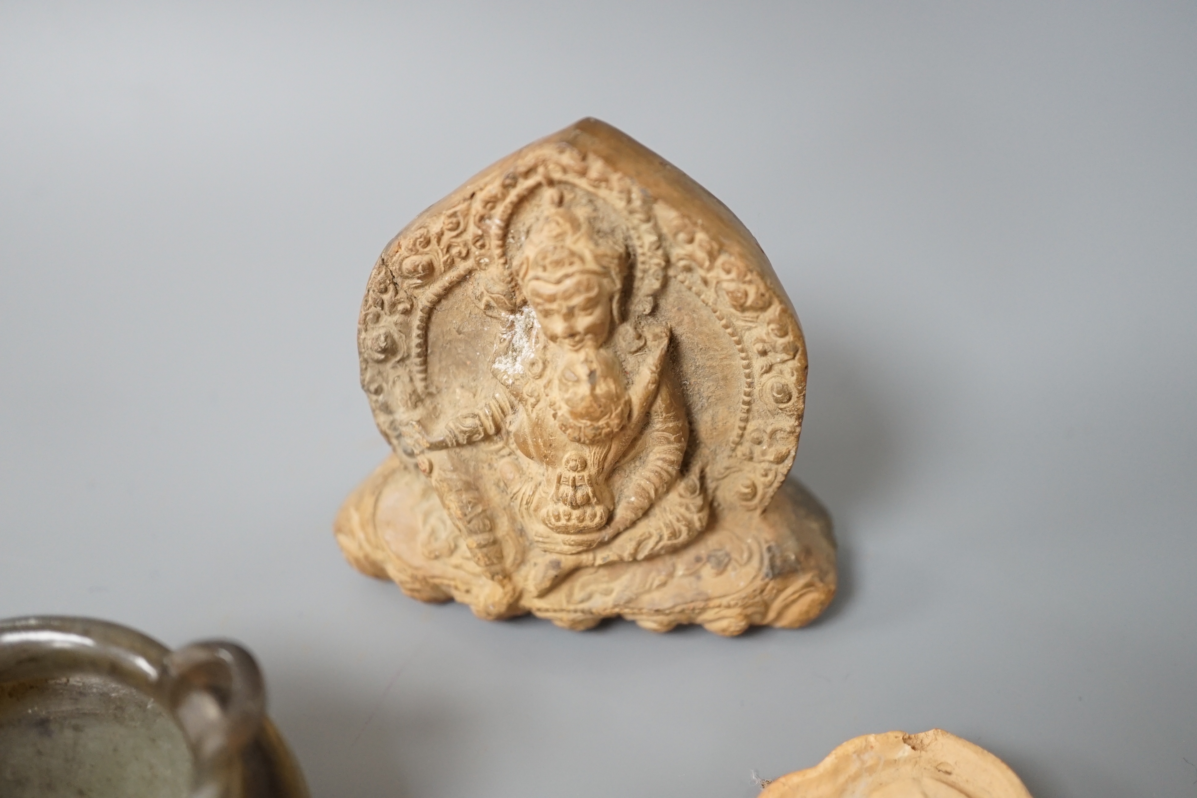 Chinese hardstone censer and two Tibetan terracotta ‘Buddha’ panels